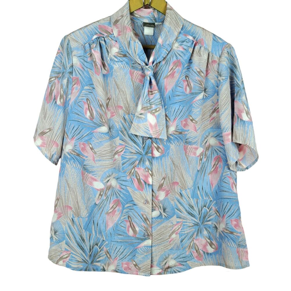 Vintage Pykettes Women Blouse Button Up Neck Tie Floral Metallic Size XXL